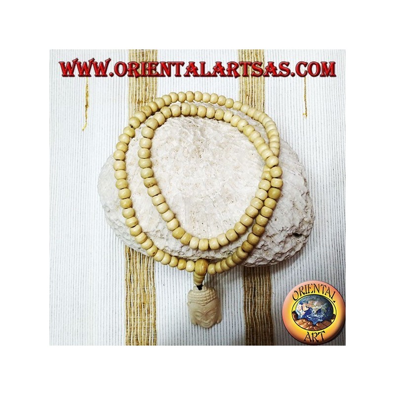Mālā Buddhistischer Rosenkranz mit 108 Körnern aus 8,5 mm Yak-Knochen. mit Buddhas Kopf