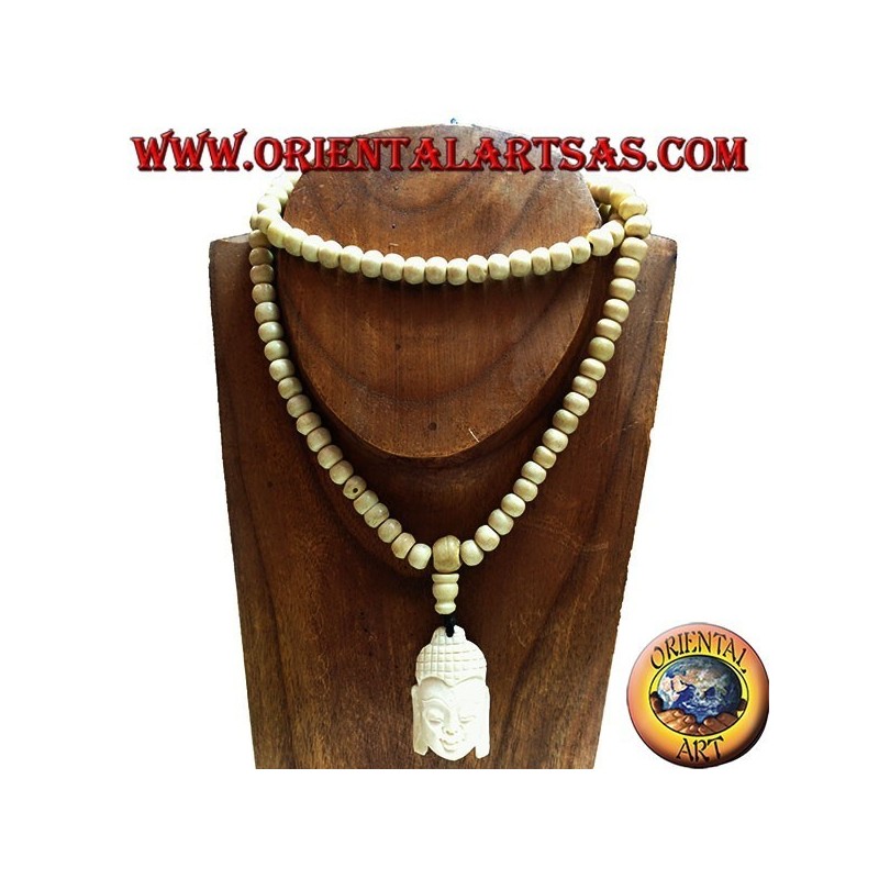 Mālā Buddhistischer Rosenkranz mit 108 Körnern aus 8,5 mm Yak-Knochen. mit Buddhas Kopf