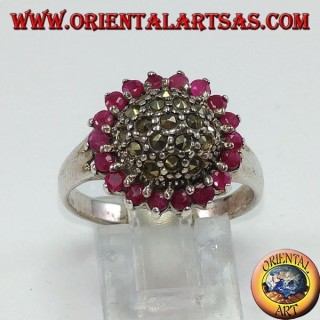 Round silver ring with a marcasite hemisphere surrounded by 18 round set rubies