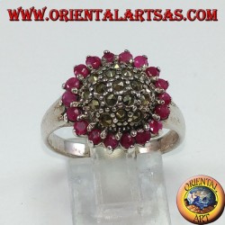 Round silver ring with a marcasite hemisphere surrounded by 18 round set rubies
