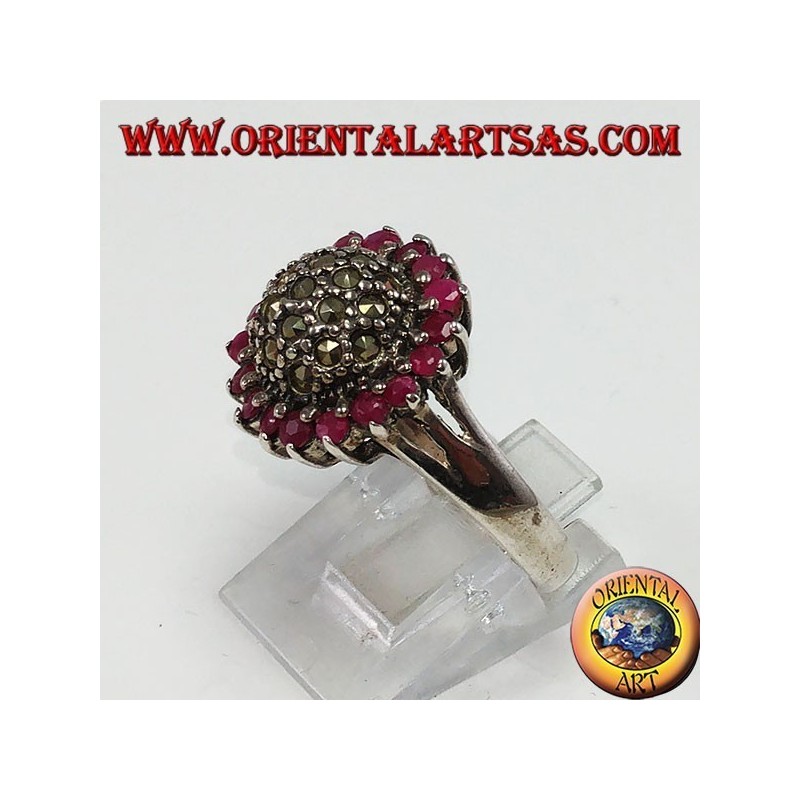 Round silver ring with a marcasite hemisphere surrounded by 18 round set rubies