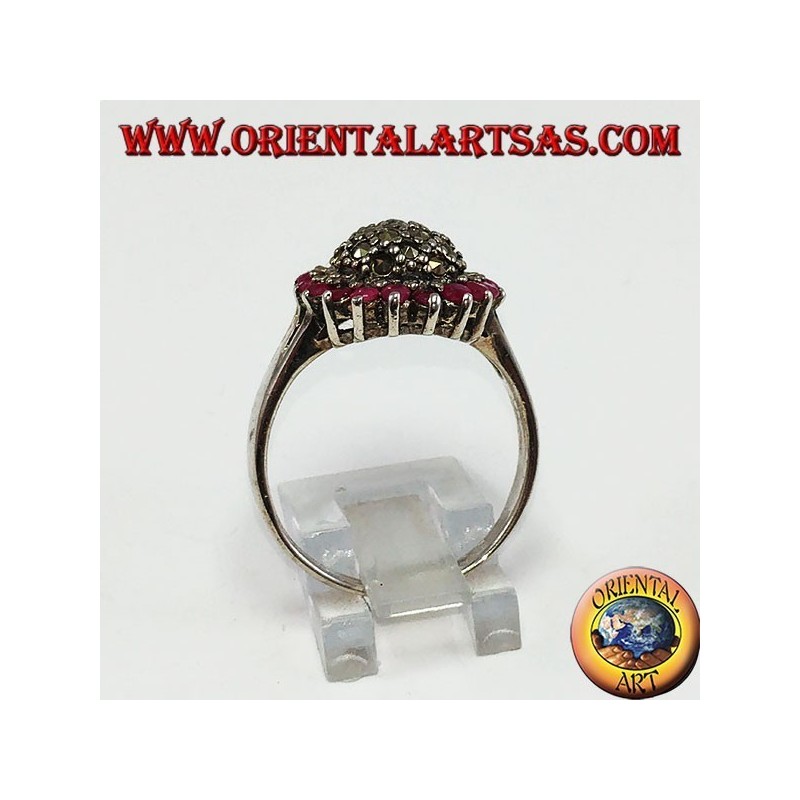 Round silver ring with a marcasite hemisphere surrounded by 18 round set rubies