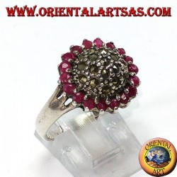 Round silver ring with a marcasite hemisphere surrounded by 18 round set rubies