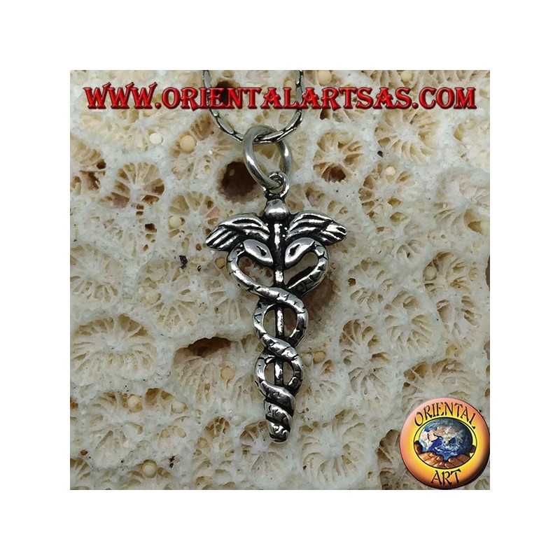 Silver caduceus pendant (winged stick with two twisted snakes)