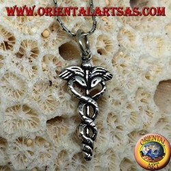 Silberner Caduceus-Anhänger (geflügelter Stock mit zwei verdrehten Schlangen)