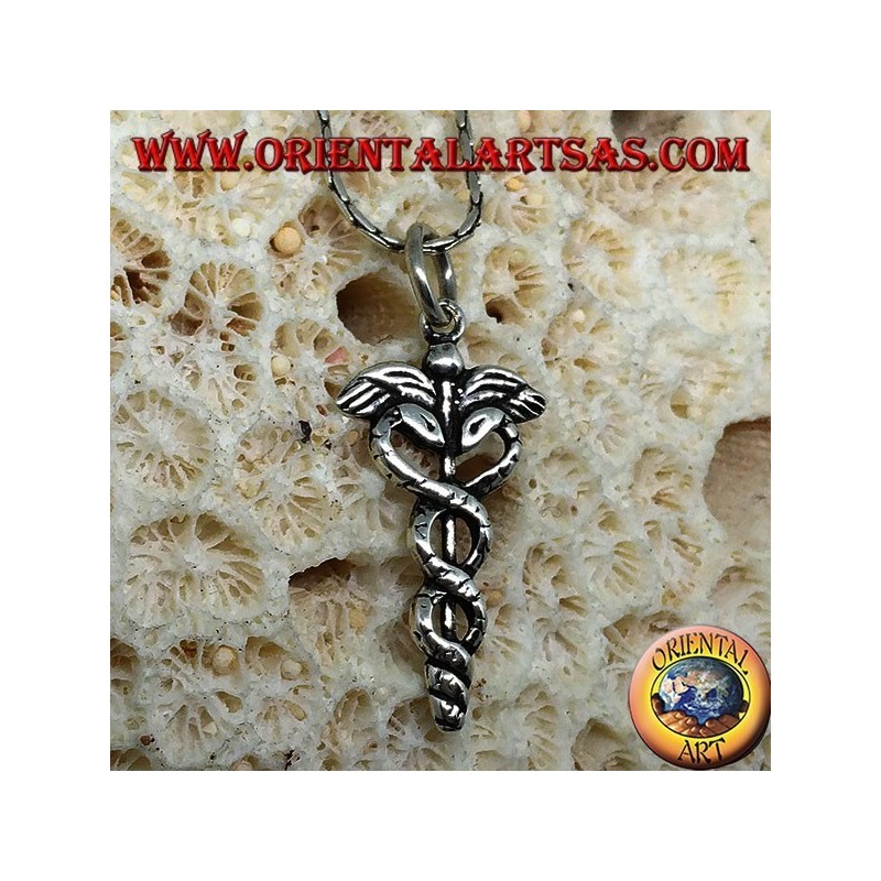 Colgante de plata del caduceo (palo alado con dos serpientes retorcidas)