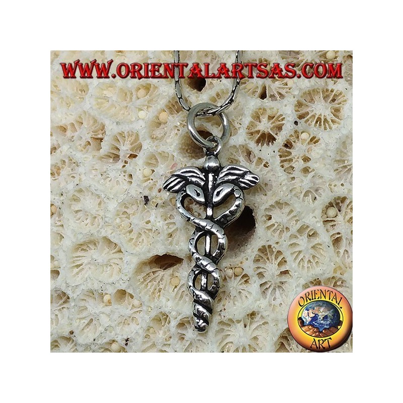 Silberner Caduceus-Anhänger (geflügelter Stock mit zwei verdrehten Schlangen)
