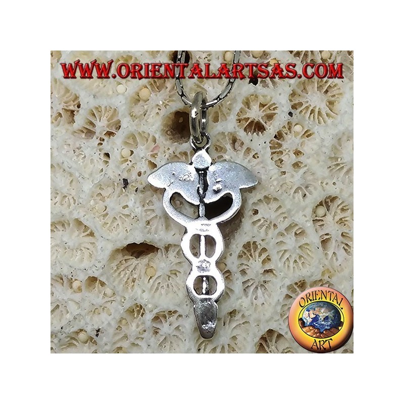 Pendentif caducée en argent (bâton ailé avec deux serpents torsadés)