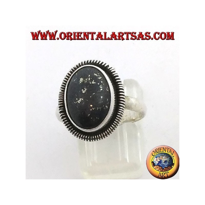 Silver ring with natural oval lapis lazuli edged with a spiral