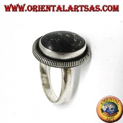 Silver ring with natural oval lapis lazuli edged with a spiral
