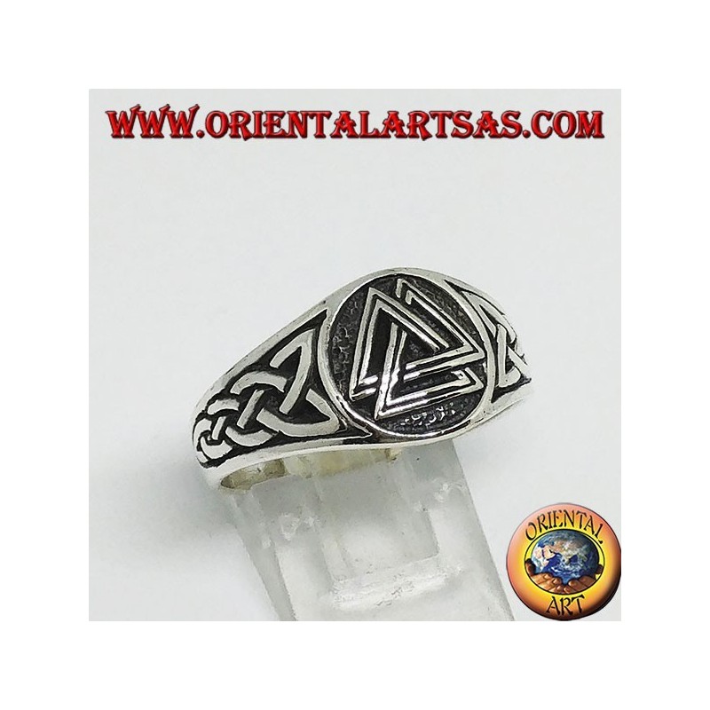 Silver ring with Odin's valknut and Celtic weave on the sides