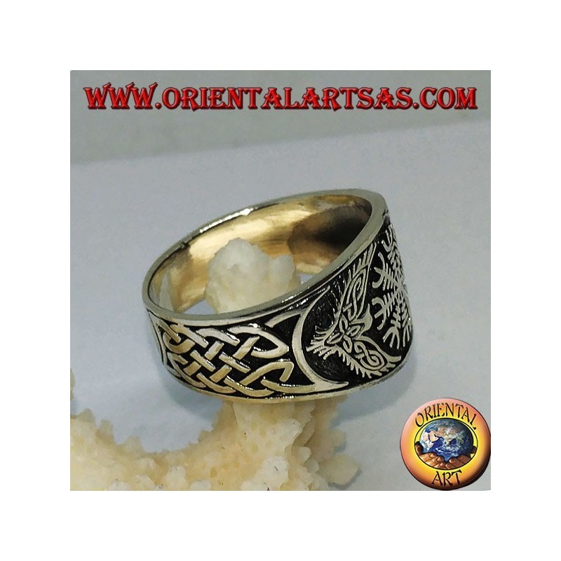 Silver ring with aegishjalmur and Celtic weave on the sides