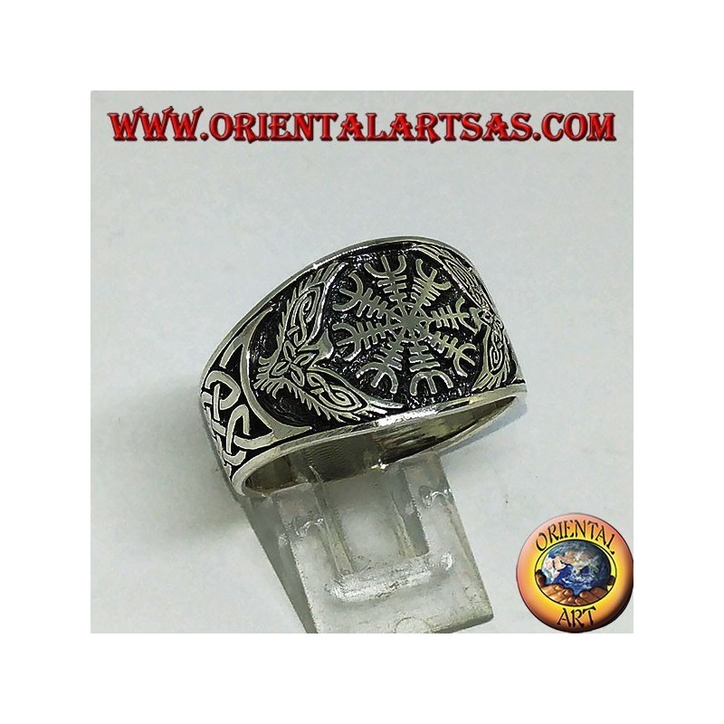Silver ring with aegishjalmur and Celtic weave on the sides