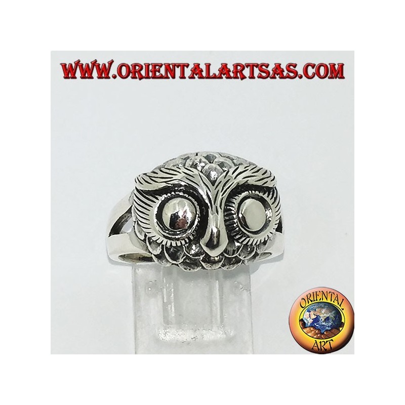 Bague en argent avec tête de hibou et grands yeux