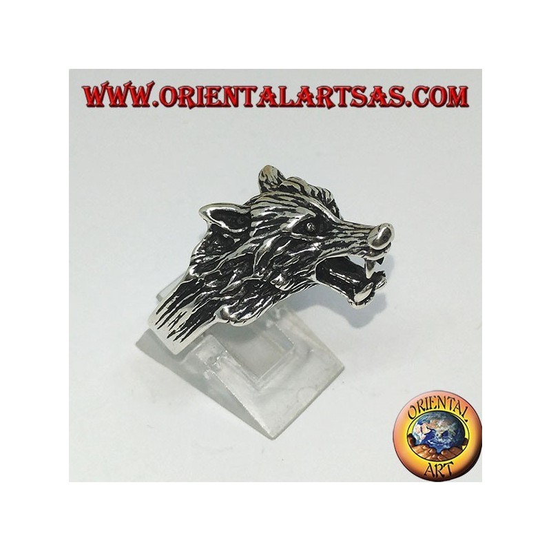 Bague en argent, tête de loup grognant