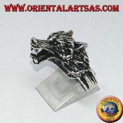 Silver ring, wolf's head growling