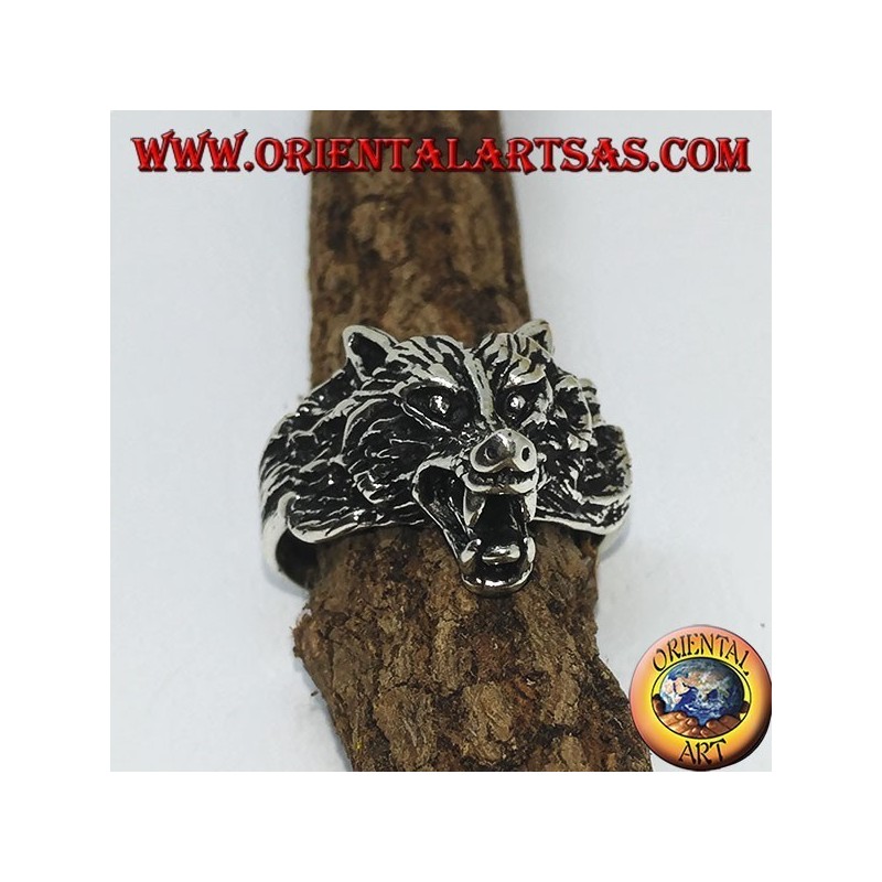 Silver ring, wolf's head growling