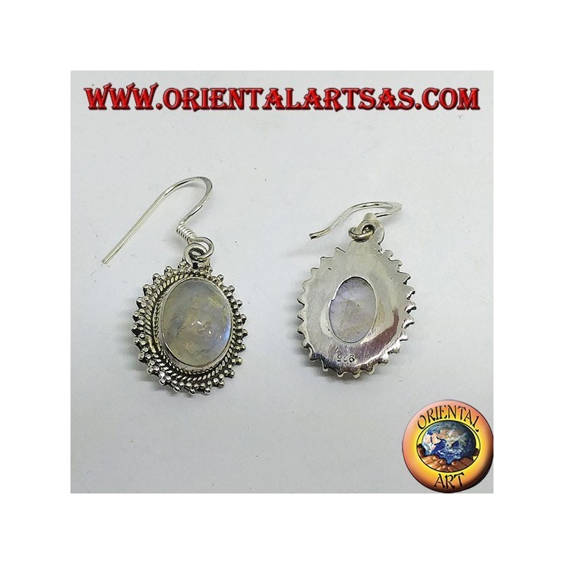 Silver earrings with oval rainbow Labradorite surrounded by dots