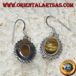 Silver earrings with oval tiger's eye surrounded by dots