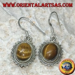 Boucles d'oreilles en argent avec oeil de tigre ovale entouré de points