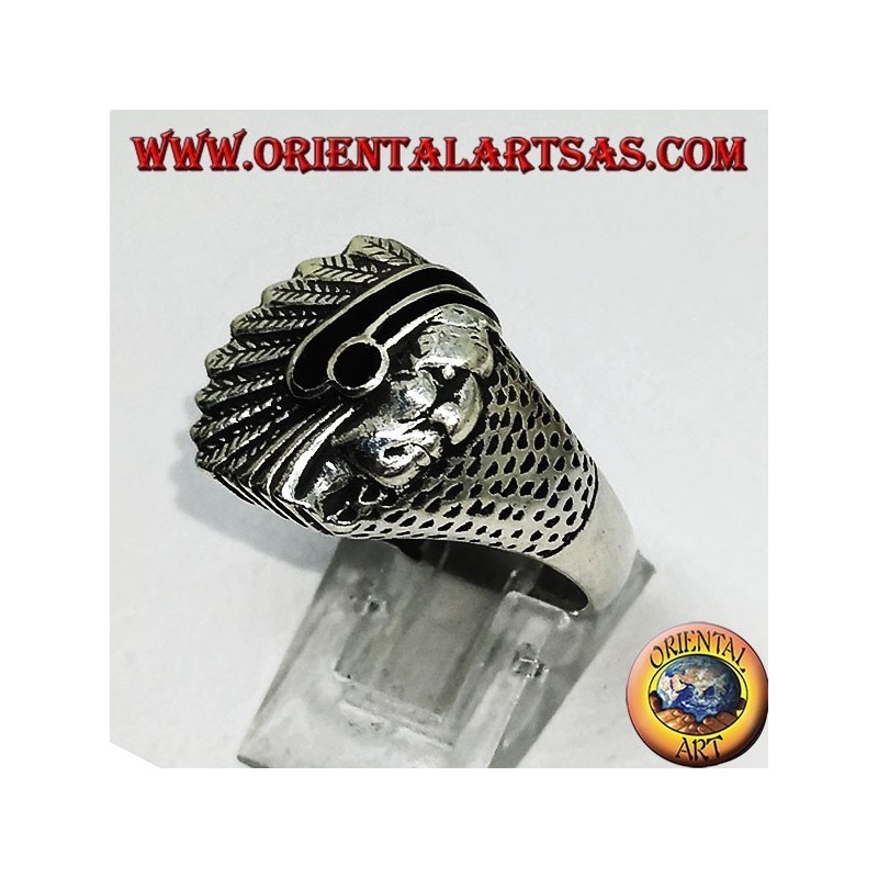 Bague en argent avec indien (indigène d'Amérique) avec onyx