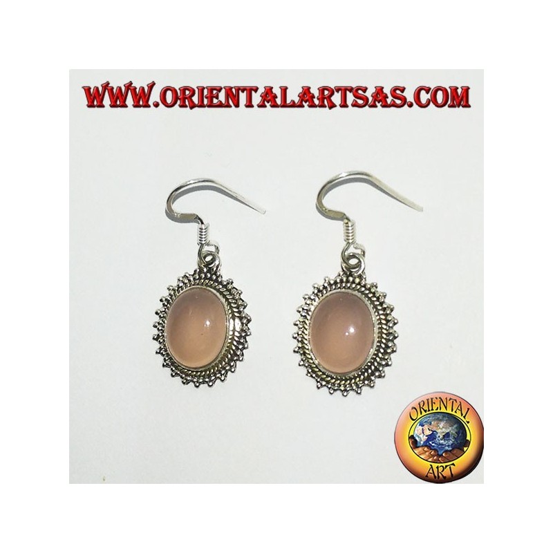 Silver earrings with oval rose quartz surrounded by dots