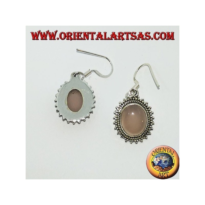 Boucles d'oreilles en argent avec quartz rose ovale entouré de points