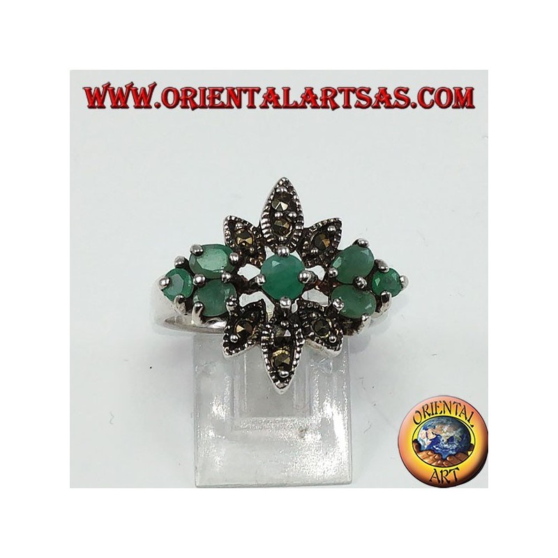 Silver ring with 7 natural emeralds and marcasites
