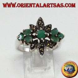 Silver ring with 7 natural emeralds and marcasites