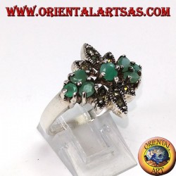 Silver ring with 7 natural emeralds and marcasites