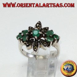 Bague en argent avec 7 émeraudes et marcassites naturelles