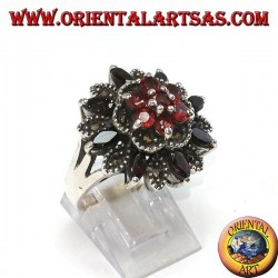 Silver ring with 8 shuttle garnets + 7 natural and marcassite rounds