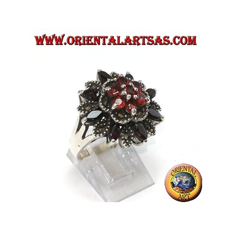 Silver ring with 8 shuttle garnets + 7 natural and marcassite rounds