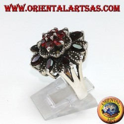 Silver ring with 8 shuttle garnets + 7 natural and marcassite rounds