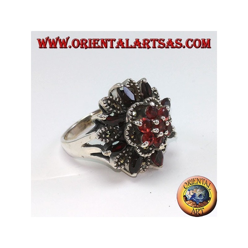 Silver ring with 8 shuttle garnets + 7 natural and marcassite rounds