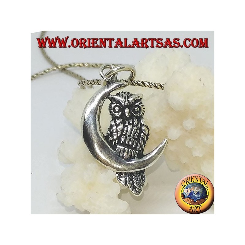 Silver pendant owl on the left half moon