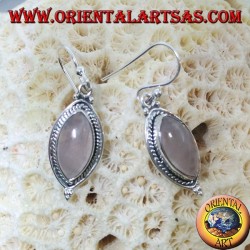 Silver earrings with a braid around a shuttle rose quartz