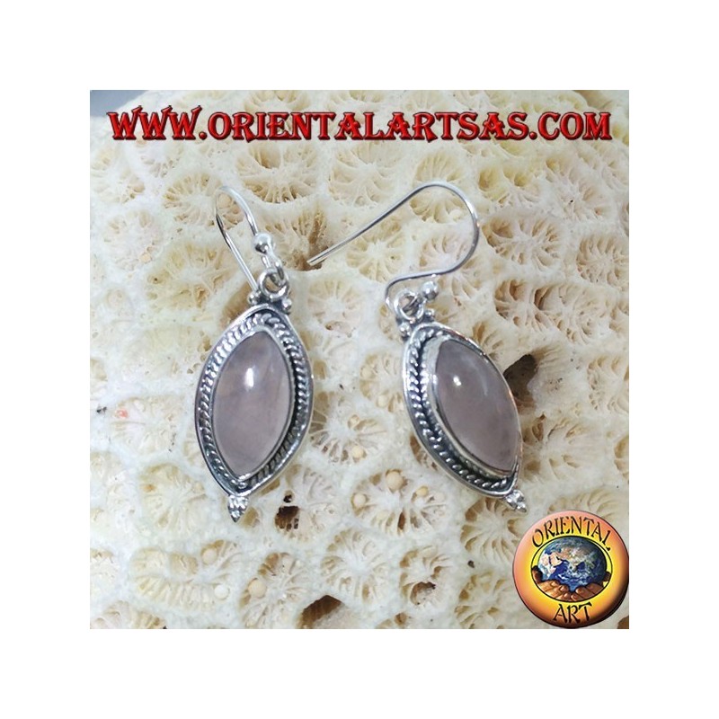 Silver earrings with a braid around a shuttle rose quartz