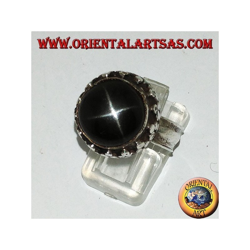 Silver ring on high edge with round Black Star set