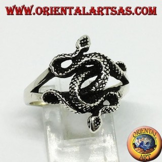 Bague en argent avec deux cobras torsadés (moyen)