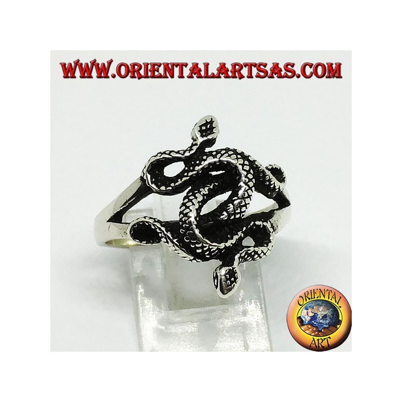 Silver ring with two twisted cobras (medium)