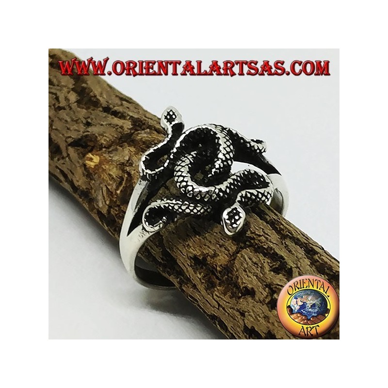 Silver ring with two twisted cobras (medium)