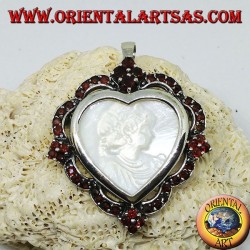 Silver heart pendant brooch with mother of pearl cameo surrounded by garnets