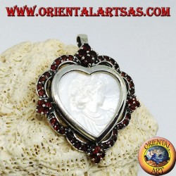 Silver heart pendant brooch with mother of pearl cameo surrounded by garnets