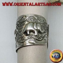 Silver band ring with elephants hand-chiseled by the Karen