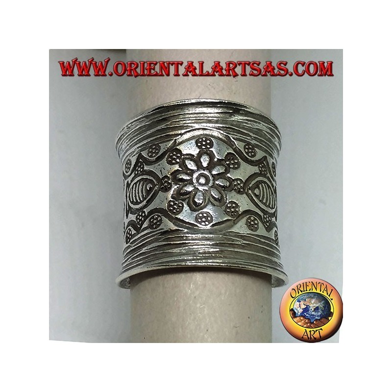 Silver band ring with flower and hand chiseled fish by the Karen