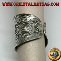 Silver band ring with flower and hand chiseled fish by the Karen