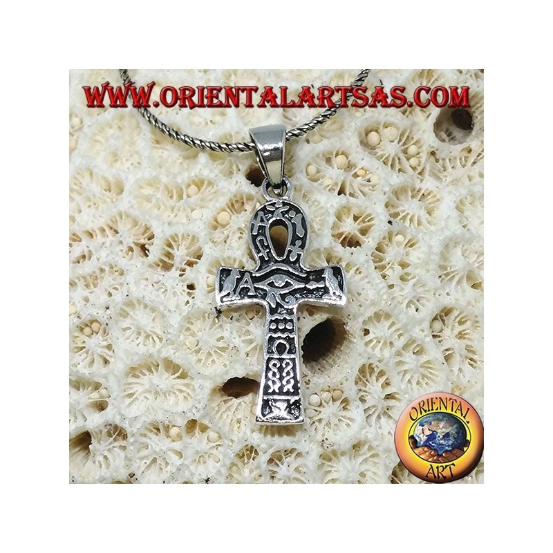 Silver pendant with ankh eye, horus eye and hieroglyphics (medium)