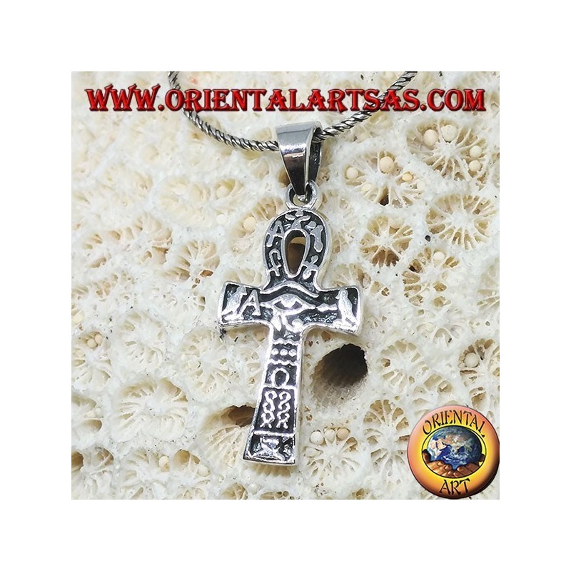 Pendentif en argent avec oeil d'ankh, oeil d'horus et hiéroglyphes (moyen)