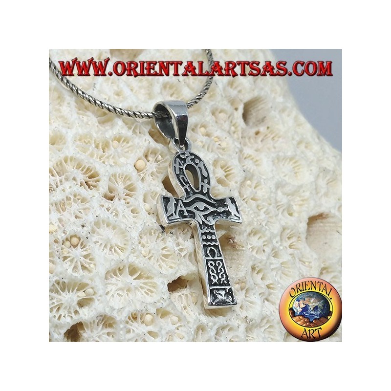 Silver pendant with ankh eye, horus eye and hieroglyphics (medium)